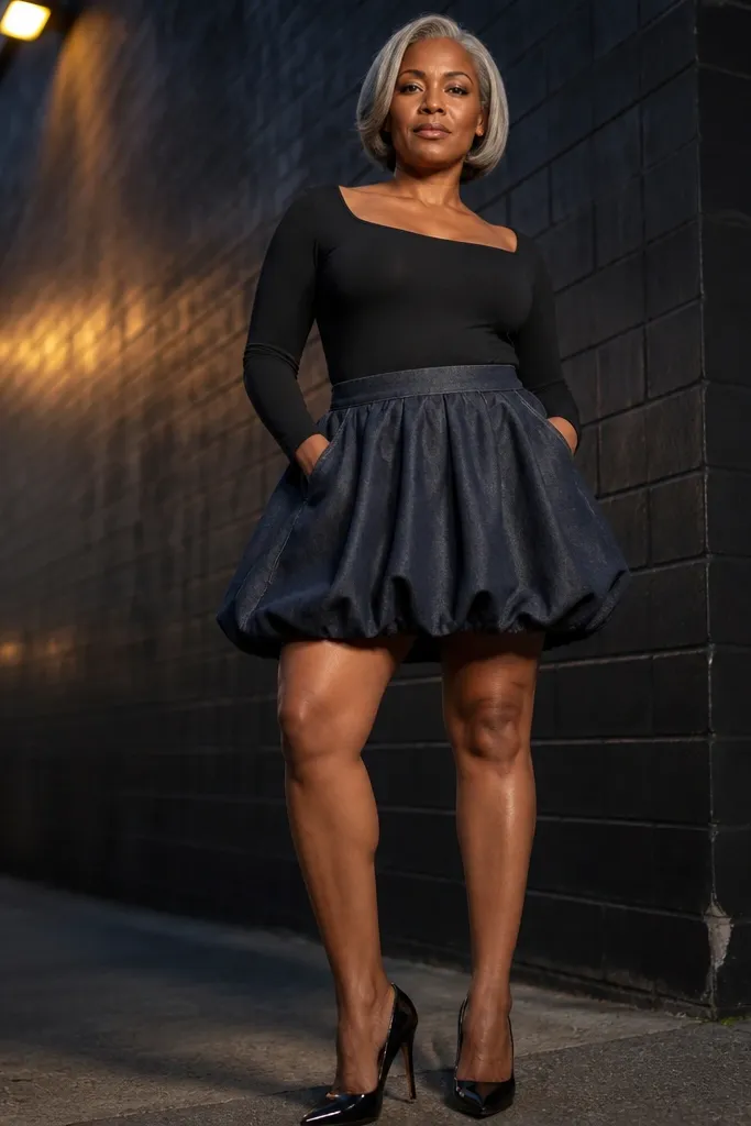 Black bodysuit tucked into a dark-wash denim bubble skirt with black ankle boots