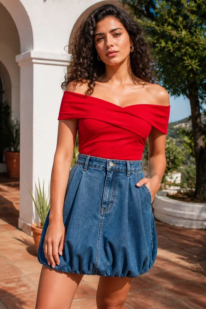 Red off-shoulder blouse over medium-wash denim bubble skirt with tan wedges