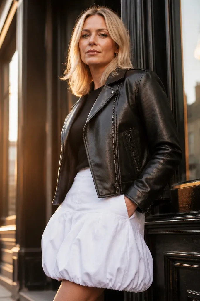 Black leather jacket over a white top with a white denim bubble skirt and black boots