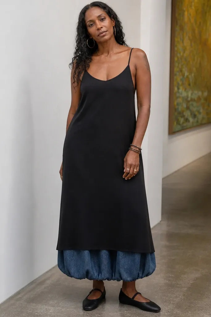 Black slip dress worn over a denim bubble skirt with strappy heels