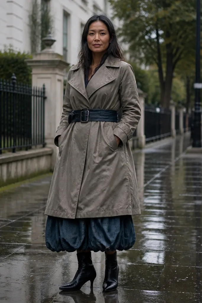 Beige belted trench over black top with dark denim bubble skirt and sleek boots