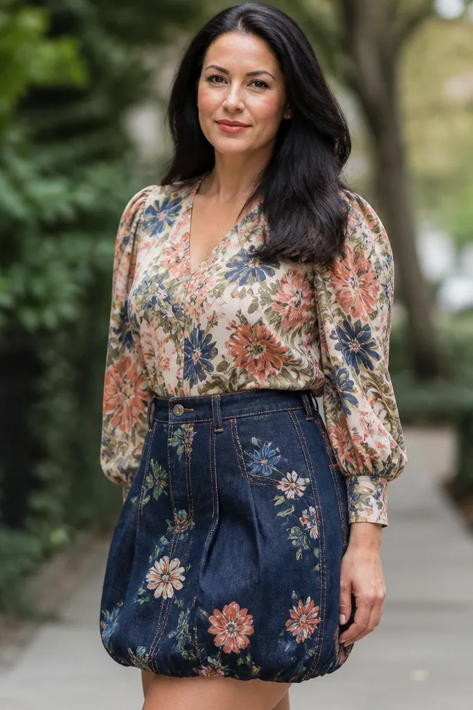 Floral blouse tucked into dark denim bubble skirt with tan heeled sandals