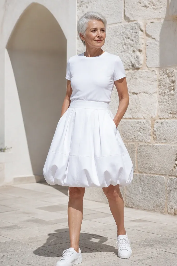 All-white outfit with white tee tucked into white denim bubble skirt and white sneakers