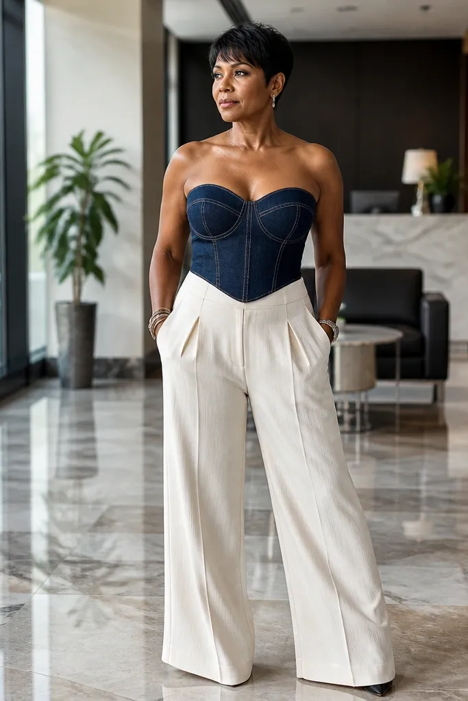 Dark indigo corset top with cream wide-leg trousers and tan loafers