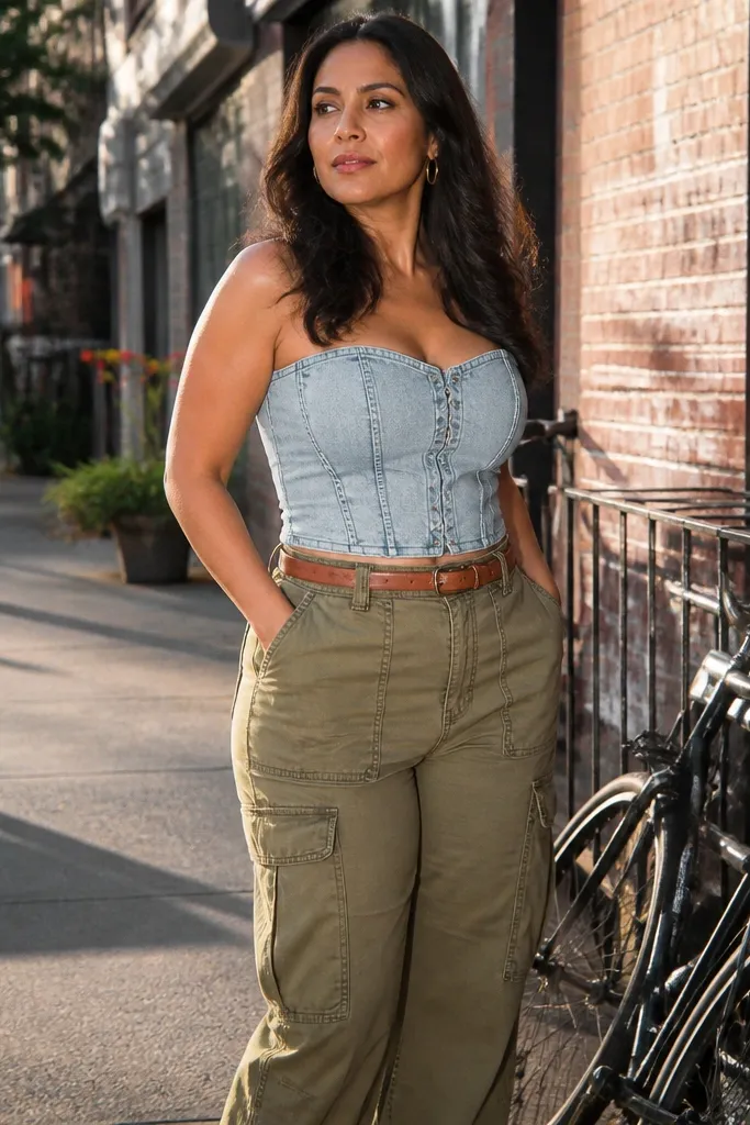 Light wash denim corset top with olive cargo pants and combat boots