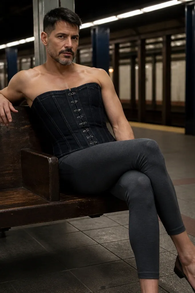 Black denim corset top with charcoal leggings and heeled ankle boots