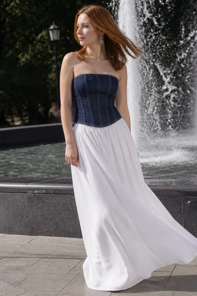 Indigo denim corset top with white flowy maxi skirt and sandals