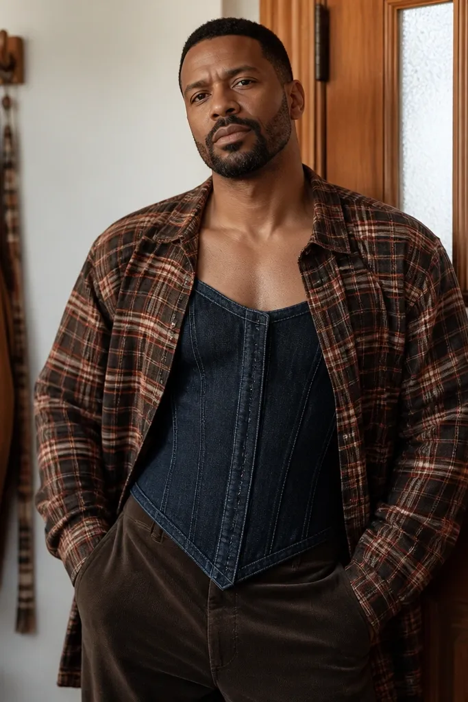 Dark indigo corset top with open plaid flannel and dark jeans