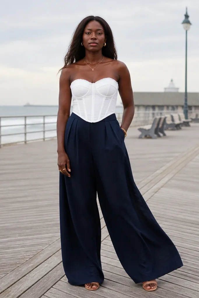 White denim corset top with navy wide-leg pants and tan sandals