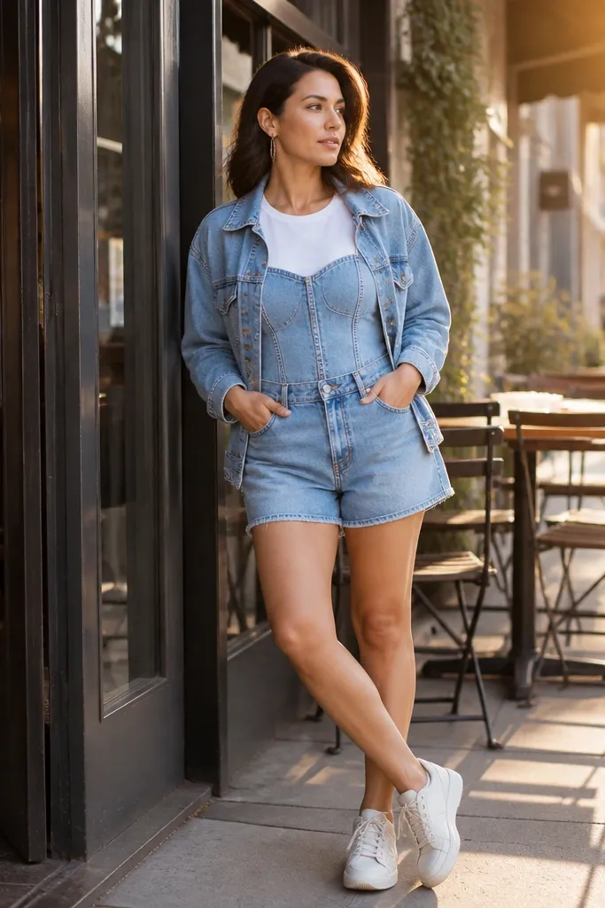 Light wash denim corset top with matching jacket and denim shorts and white sneakers