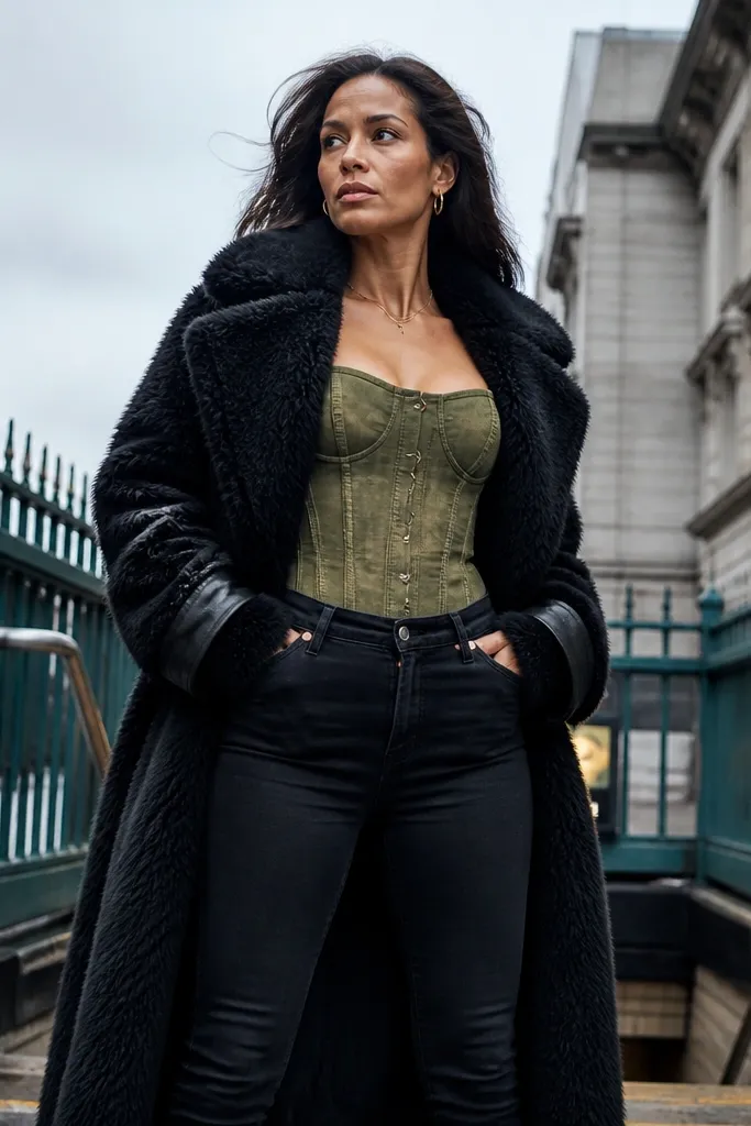 Olive denim corset top with black skinny jeans and long shearling coat