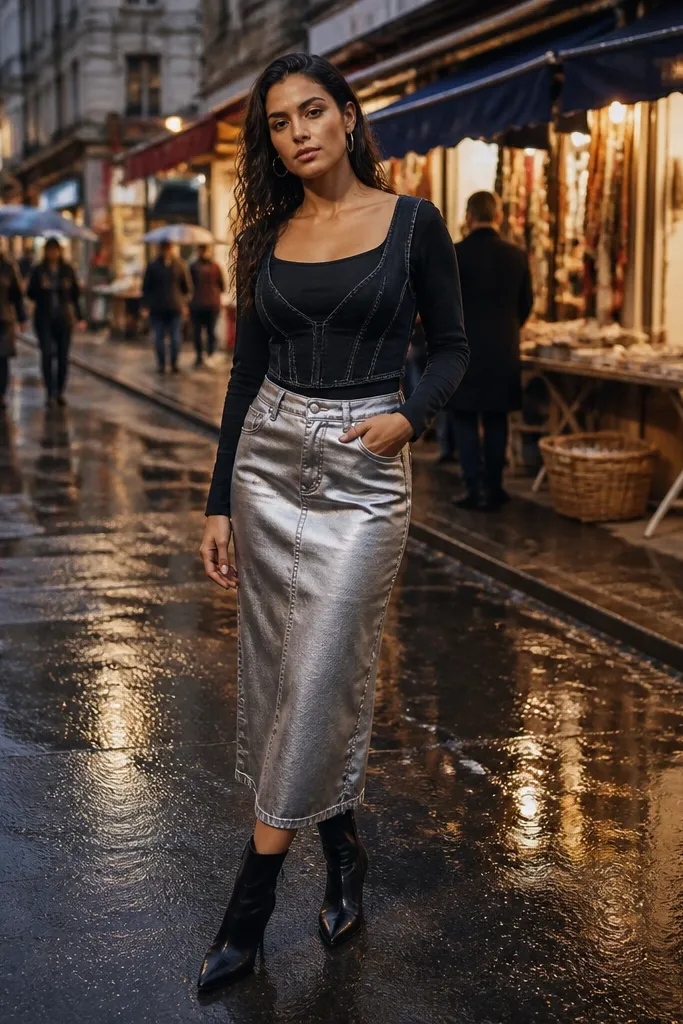 Black denim corset top with metallic silver midi skirt and black heels