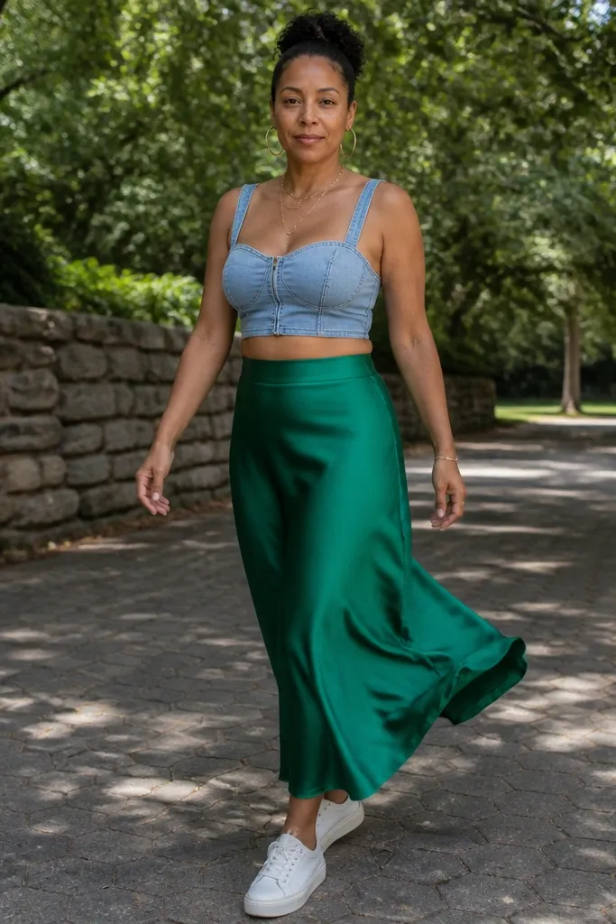 Light wash denim crop top with emerald skirt and white sneakers
