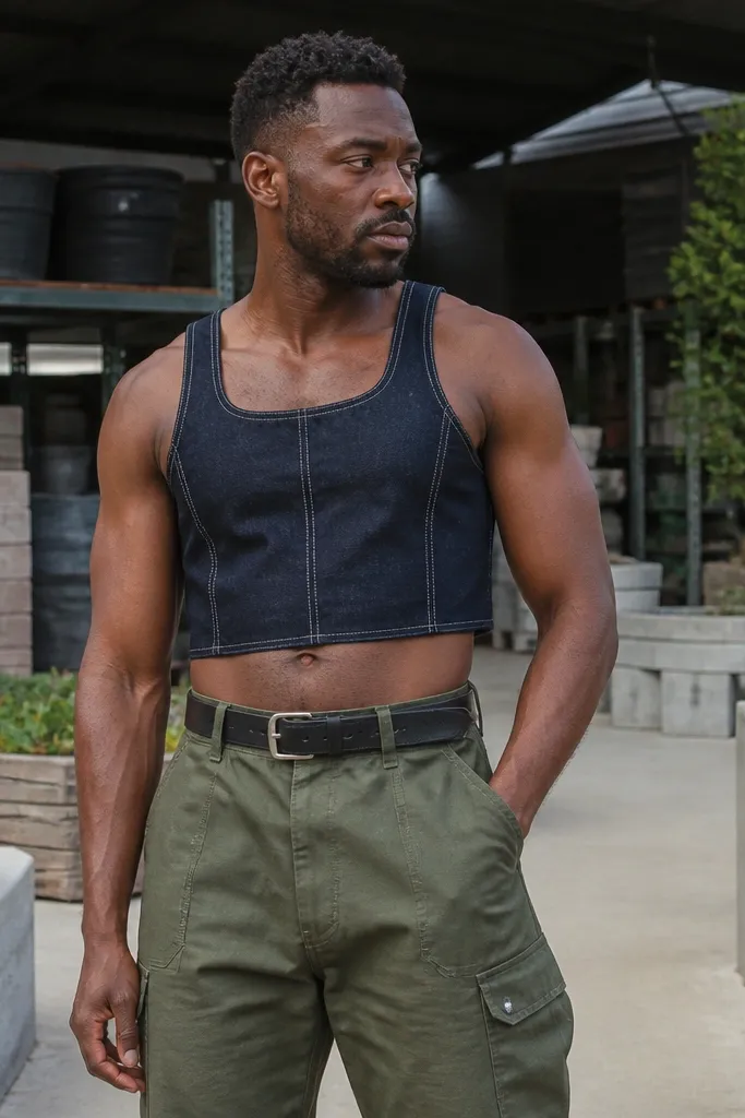 Dark indigo denim crop top with olive cargo pants and black belt