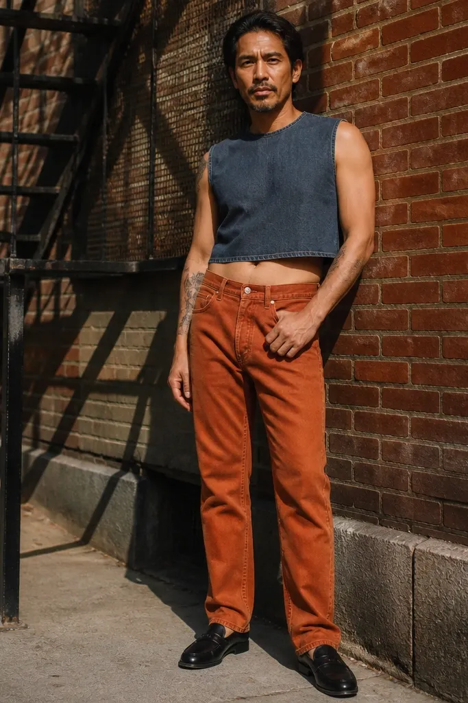 Indigo denim crop top with rust orange jeans and black loafers