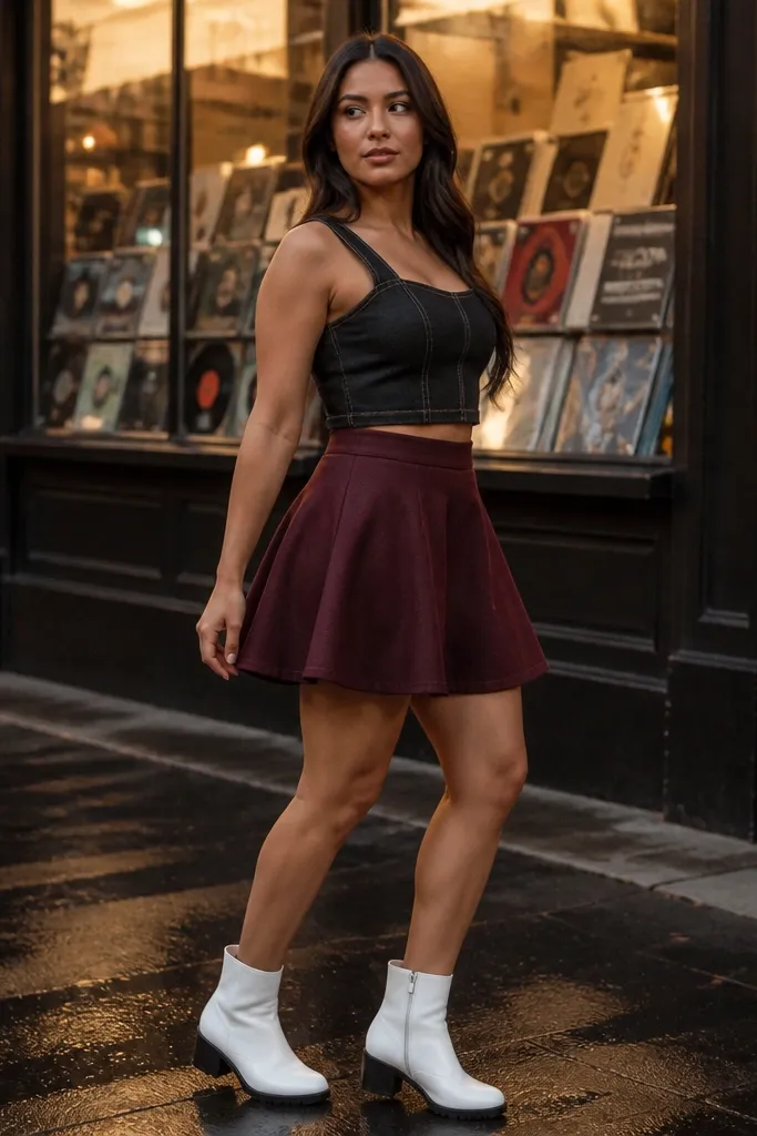 Black denim crop top with burgundy skater skirt and white ankle boots