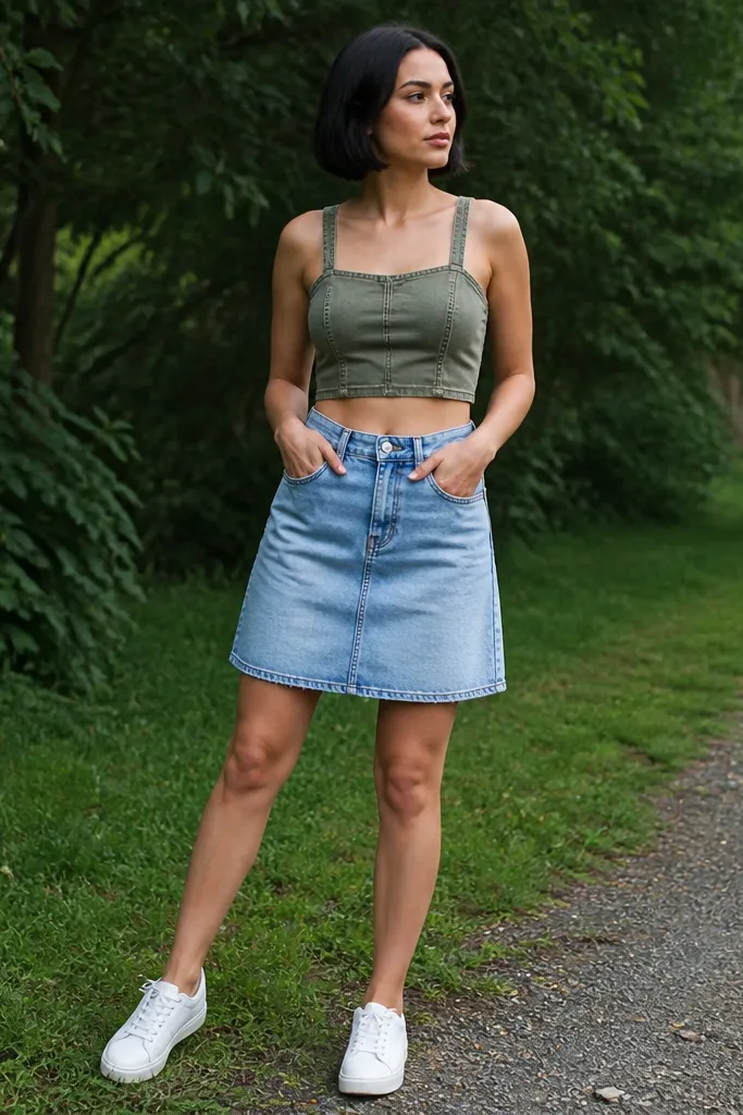 Olive denim crop top with light blue denim skirt and white sneakers