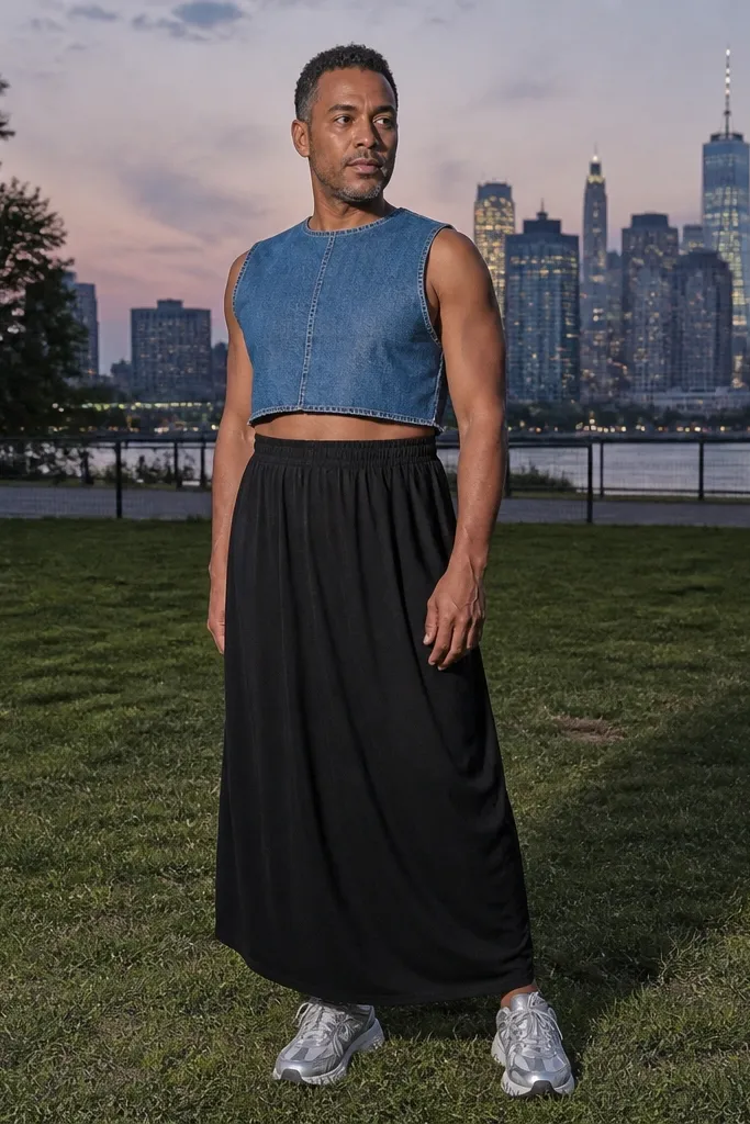Denim crop top with black maxi skirt and silver sneakers