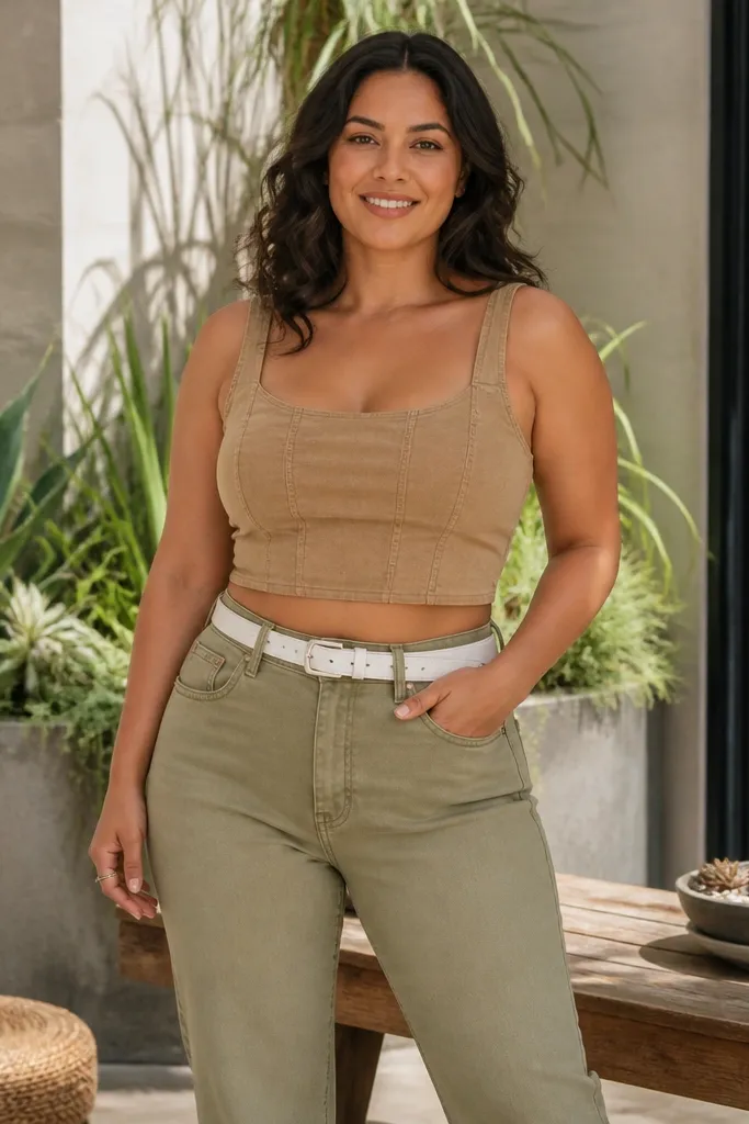 Tan denim crop top with light olive jeans and white belt