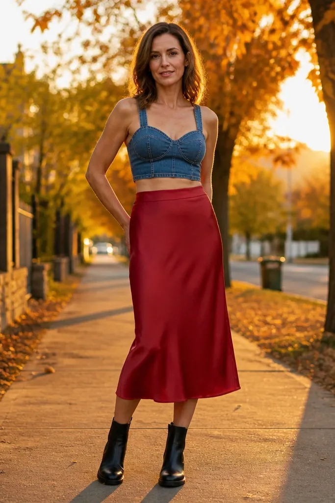 Denim crop top with red midi skirt and black Chelsea boots