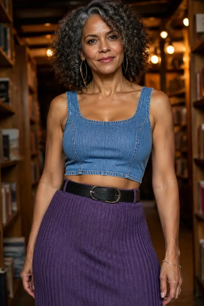 Denim crop top with purple knit skirt and black leather belt