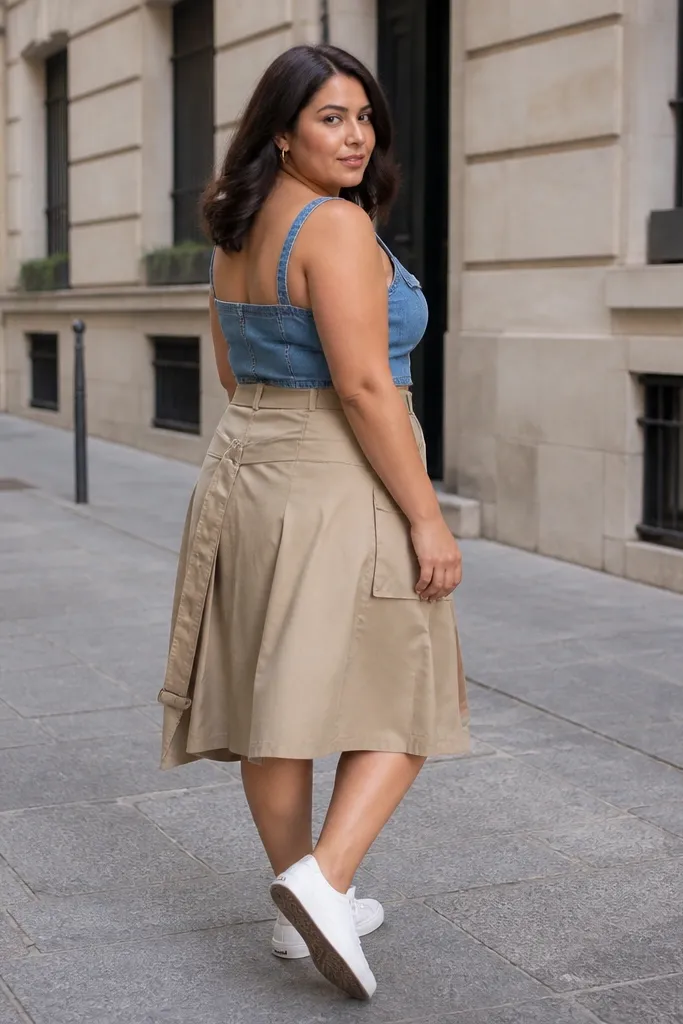 Denim crop top with beige trench skirt and white low-top sneakers