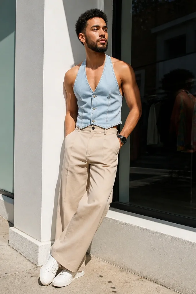 Light wash denim halter with beige wide-leg trousers and white sneakers