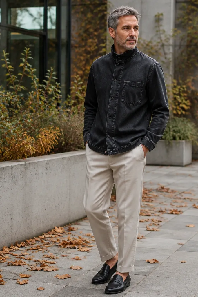 Washed-black denim halter with oat tapered pants and black loafers