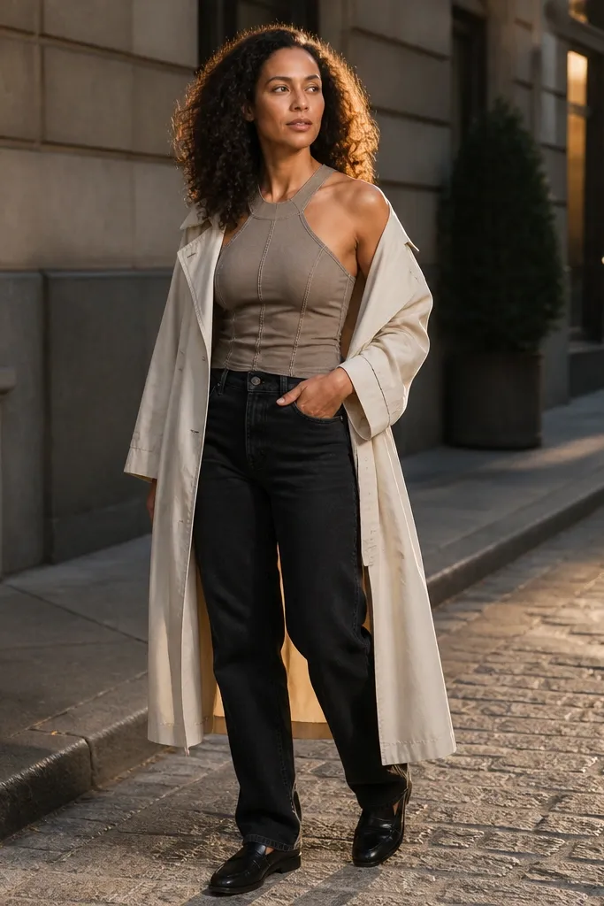 Taupe denim halter with black straight jeans and cream trench coat