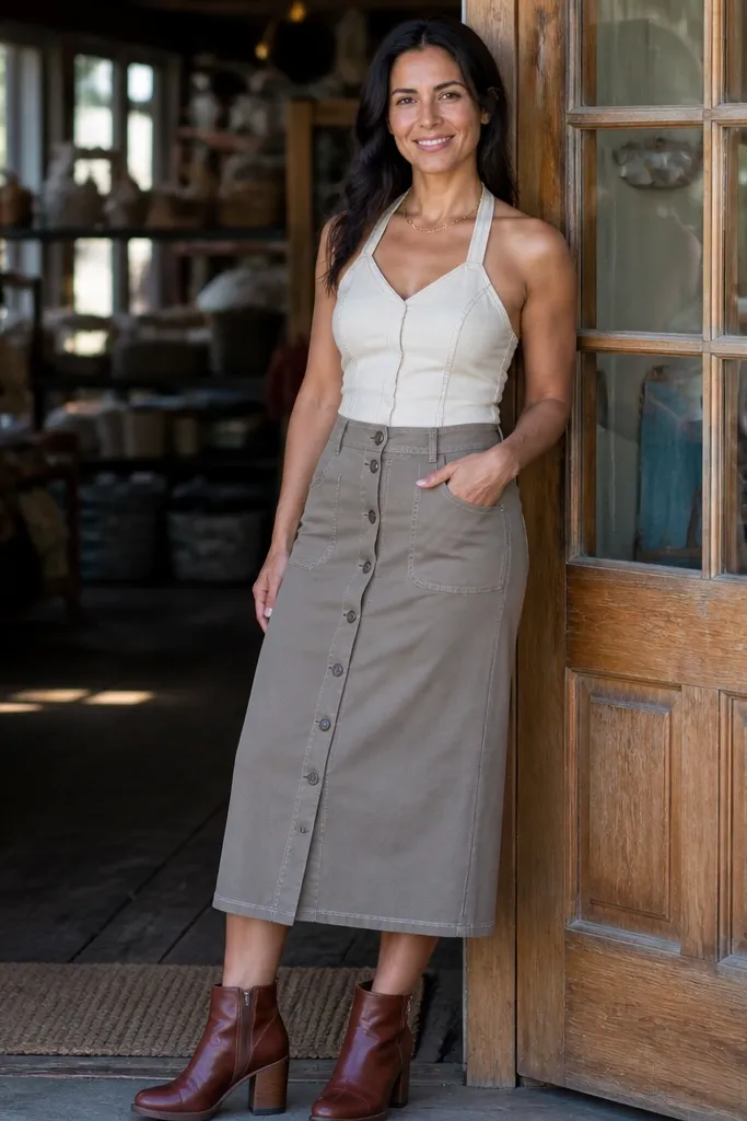 Cream denim halter with taupe button-up denim skirt and brown boots