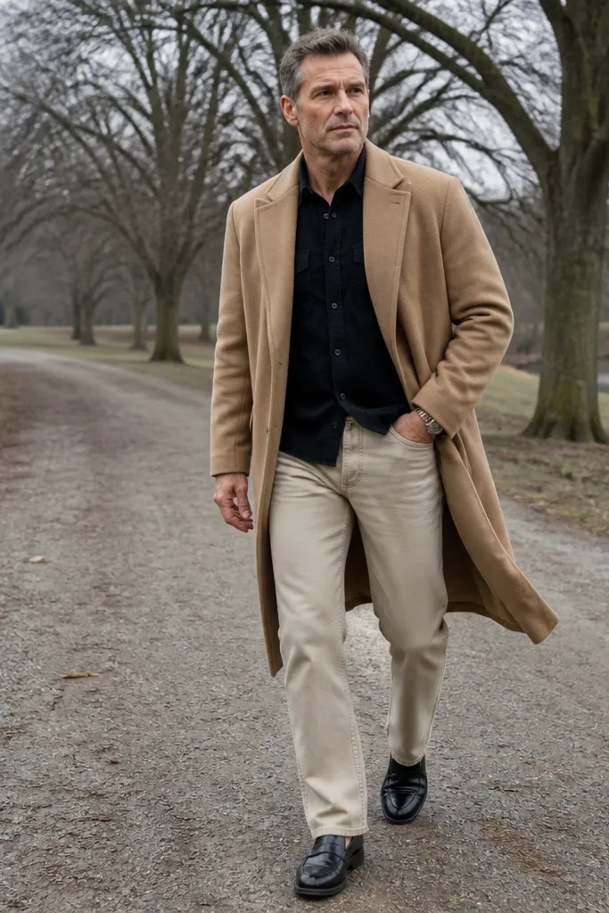 Black denim halter with oat straight jeans and camel overcoat