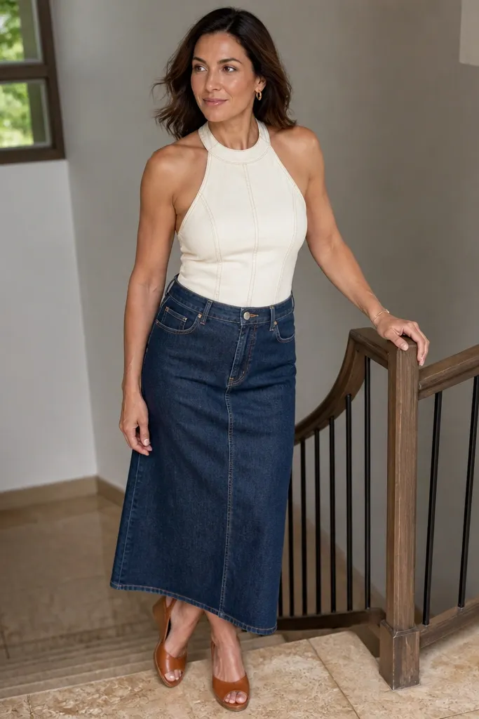 Ecru denim halter with indigo midi skirt and cognac wedges