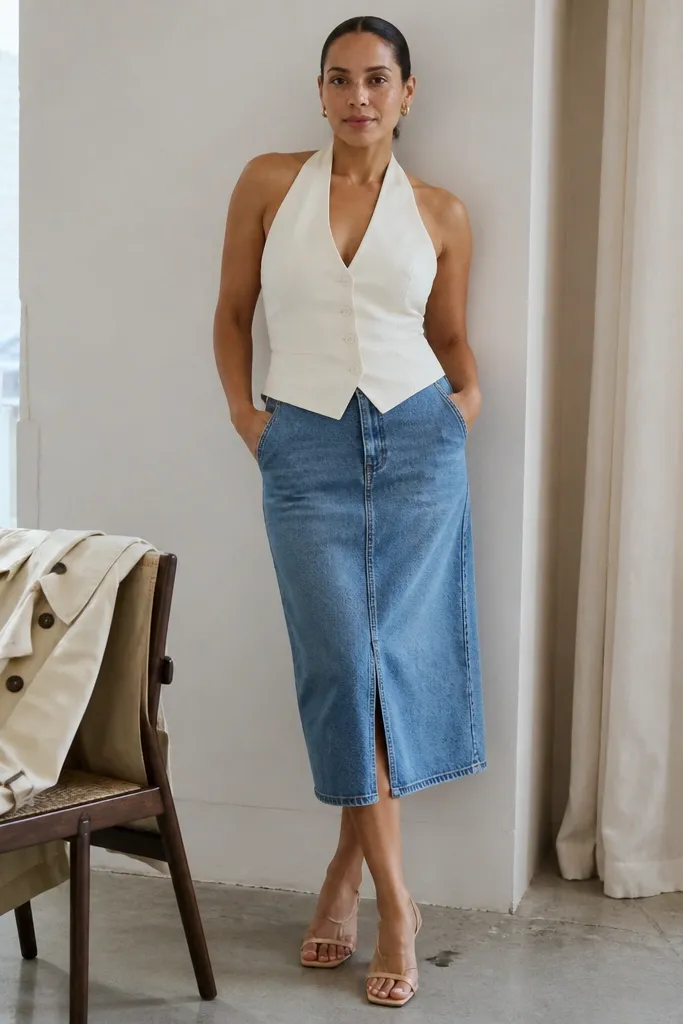 Denim Halter Top Outfit Ideas in Neutral