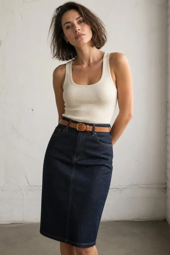 Dark indigo pencil denim skirt with a cream fitted knit tank and tan belt