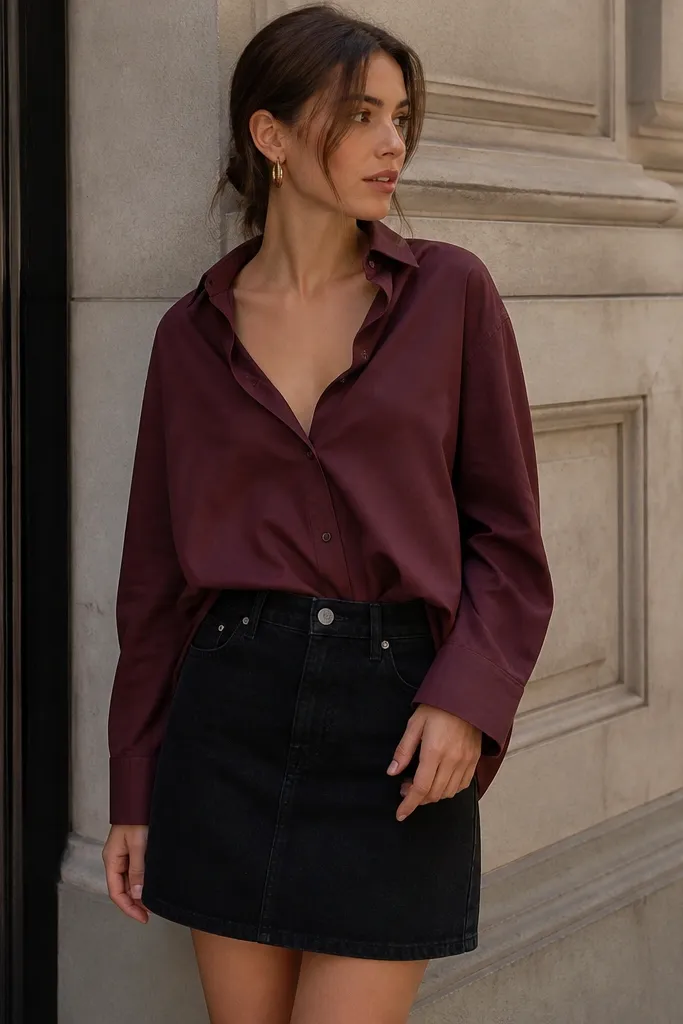 Black A-line denim skirt with an oxblood button-up shirt and gold hoop earrings