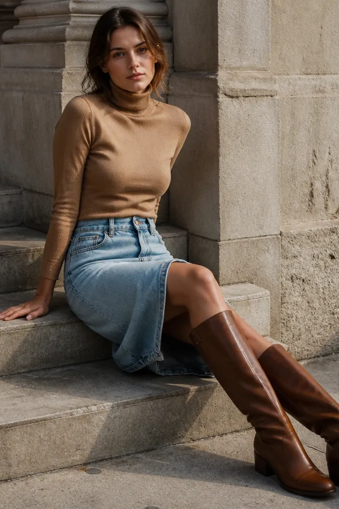 Light wash denim skirt with a camel fitted turtleneck sweater and brown leather boots