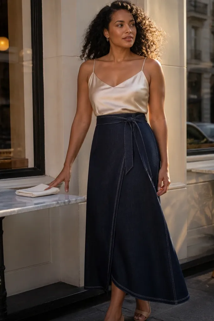 Denim wrap skirt with a champagne satin-look cami and strappy nude heels