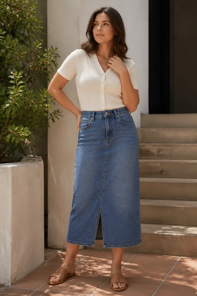 Denim midi skirt with an ivory short-sleeve button knit and tan sandals