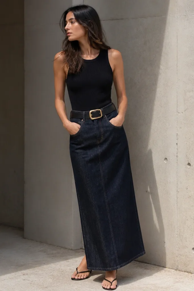 Dark denim maxi skirt with a ribbed black tank and a gold-buckle belt