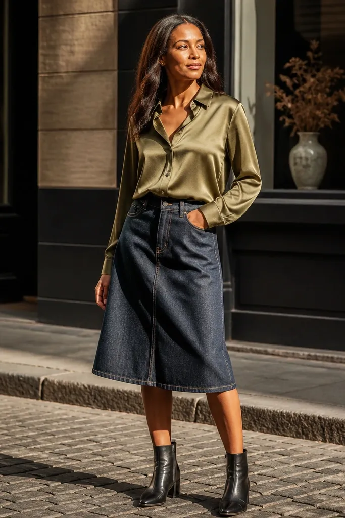 Olive satin shirt with a denim skirt and black lace-up boots
