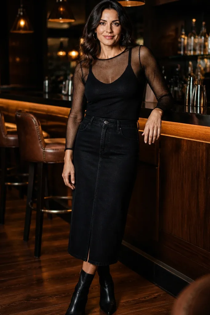 Black denim skirt with a mesh top layered over a longline camisole