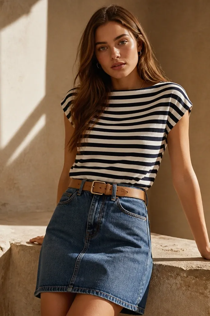 Denim skirt with a navy and cream striped top and tan belt