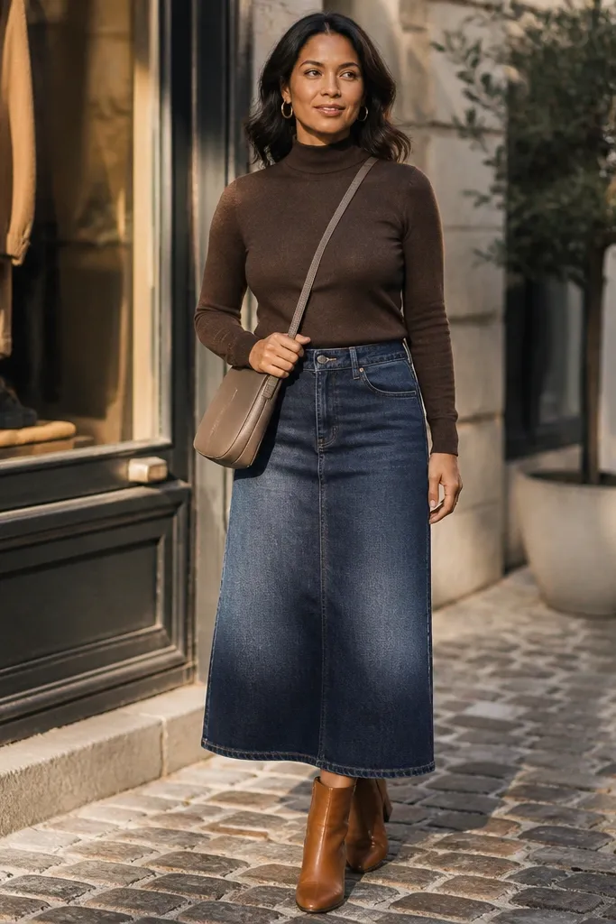 Chocolate brown mock-neck sweater with a dark denim skirt and cognac loafers