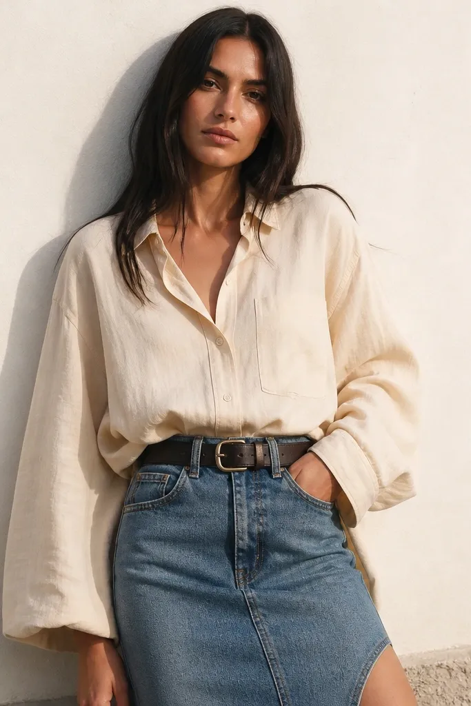 Cream oversized button shirt with a denim skirt and a slim belt