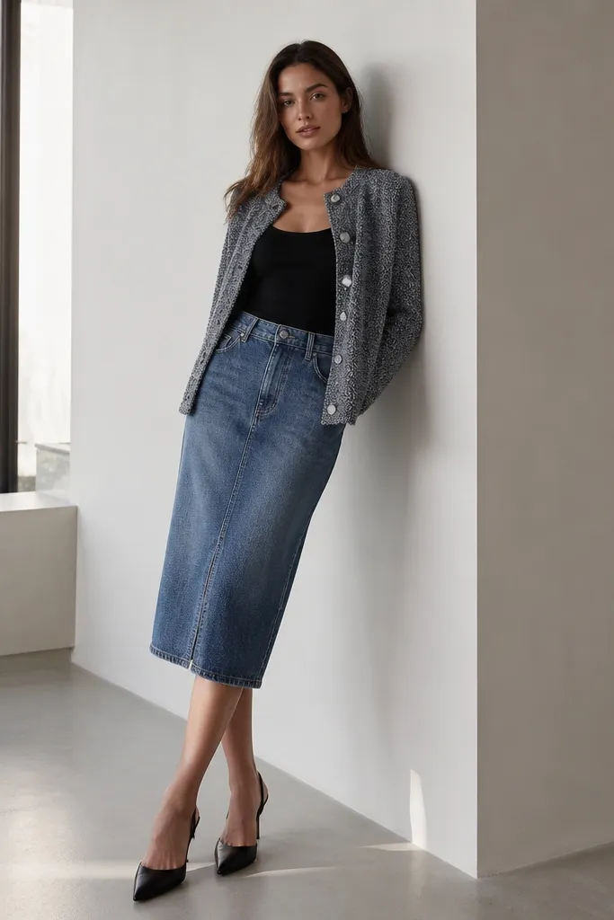 Denim skirt with a silver-button cardigan over a black top and black heels