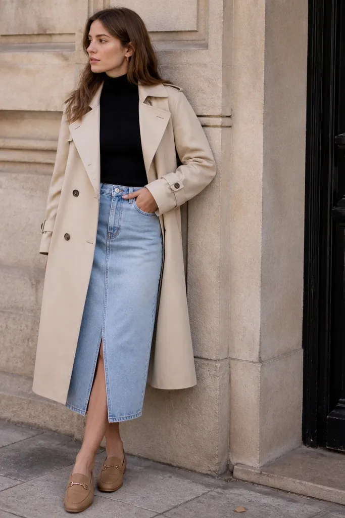 Black turtleneck with a denim skirt under a cream trench coat and tan loafers
