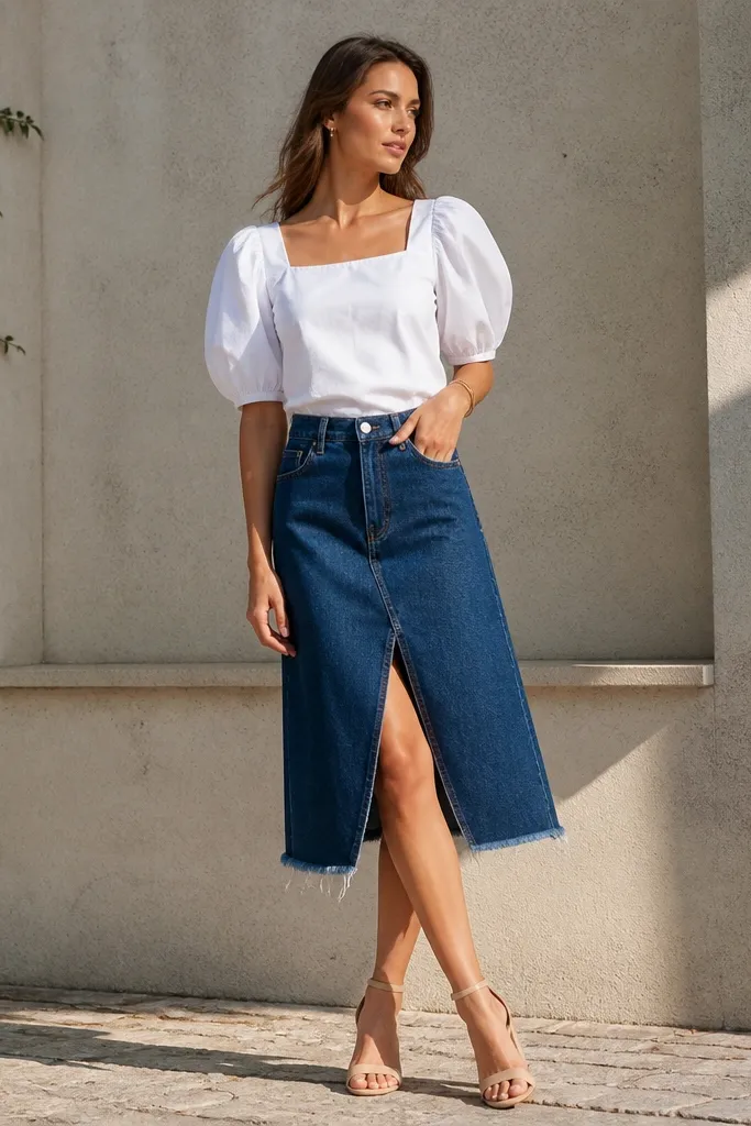White puff-sleeve poplin top with a denim skirt and nude heels