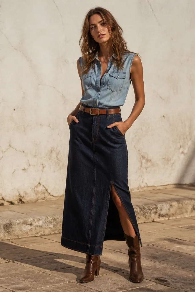 Dark denim skirt with a lighter denim top and brown belt and boots
