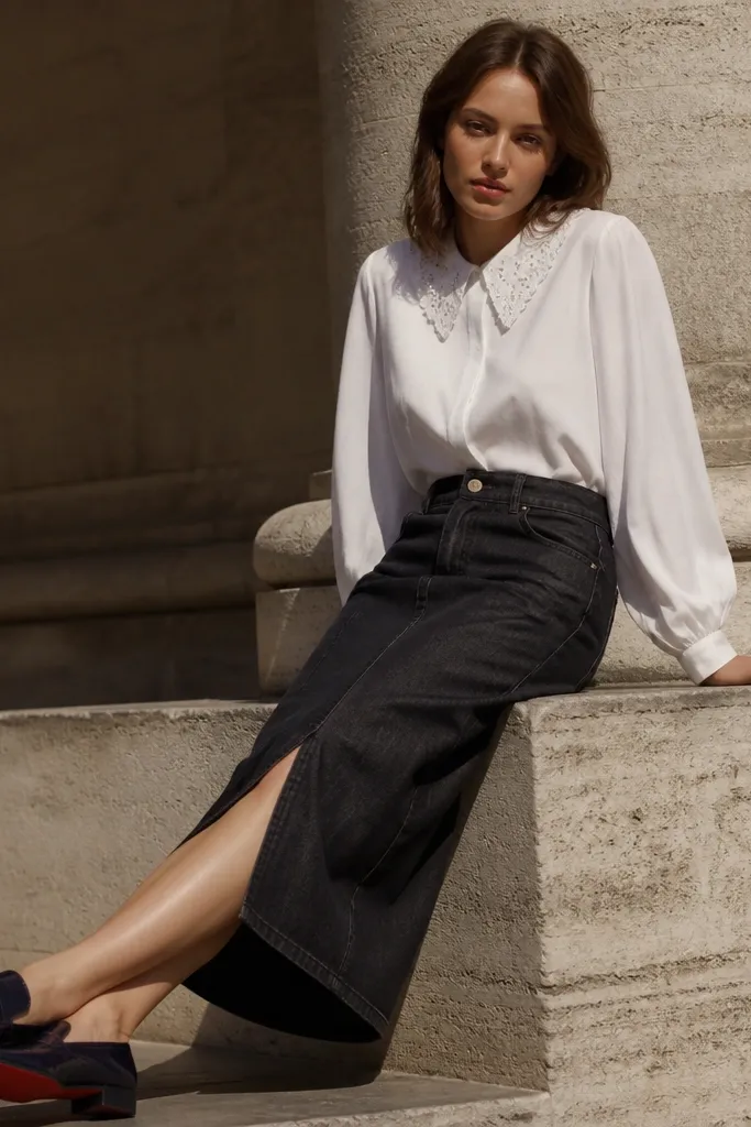 Washed black denim midi skirt with white lace-collar shirt and red-soled loafers