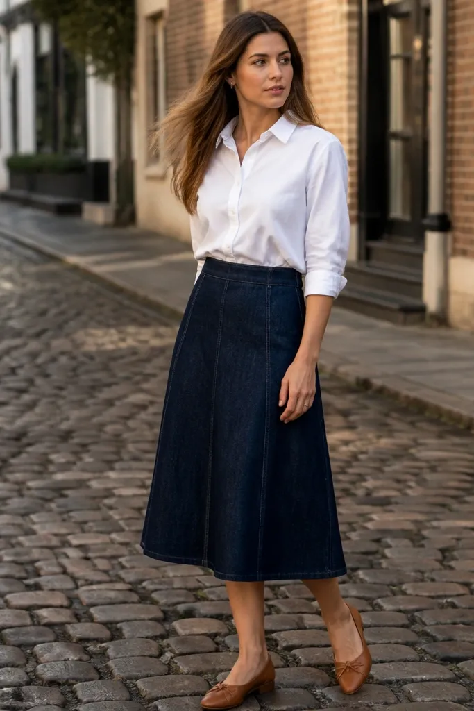 Dark indigo midi denim skirt with a tucked white button-down and black ankle boots